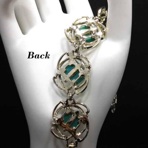 Vintage Moonglow Green Link Bracelet, Gold Tone, 1950s - Picture 3 of 10